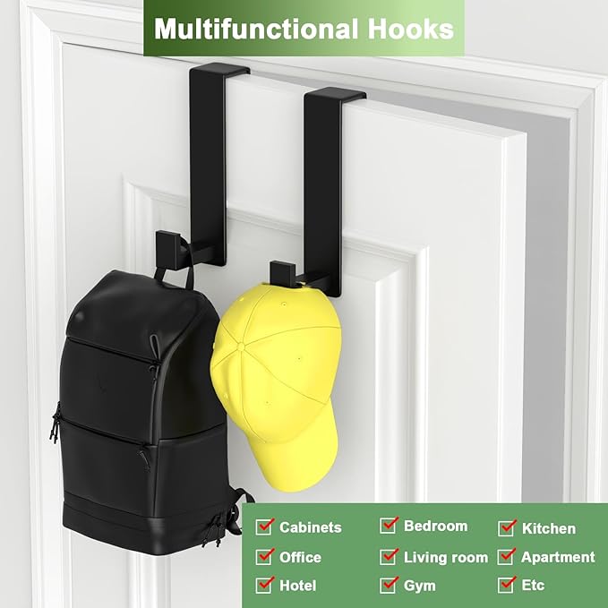 VINHOLD Over The Door Hooks, Door Hanger Hooks for Hanging Heavy Duty, Hat Organizer Coat Rack Towel Hooks for Bathroom, Door Rack for Bedroom Entryway Office (Black, 2 Pack, Fits 1-3/4" Thick Door)