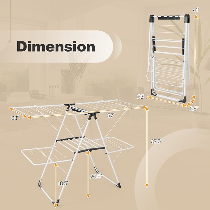 Tangkula Laundry Drying Rack, Foldable Clothes Drying Rack with Height Adjustable Wings, 33 Drying Rails & Sock Clips, Freestanding Gullwing Garment Stand for Indoor & Outdoor Use (White+Grey)