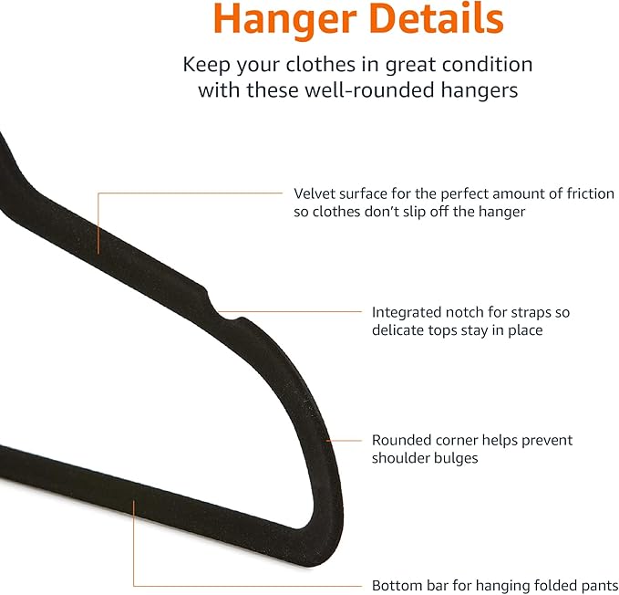 Amazon Basics Kids Velvet,Non-Slip Clothes Hangers for Infant and Toddler,11.6 in (for Baby Clothes),Black,50 Count (Pack of 4)