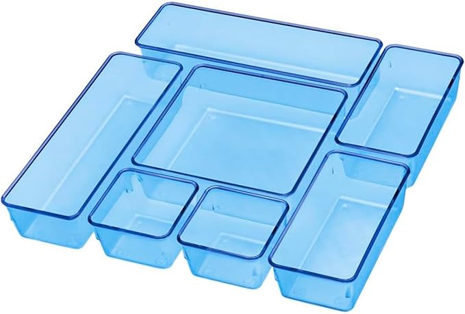Acrimet Drawer Organizer Modular, Box Tray Storage Bins for Office, Home, Makeup, Kitchen, Junk Drawer (7 Units - 4 Sizes) (Clear Blue Plastic)