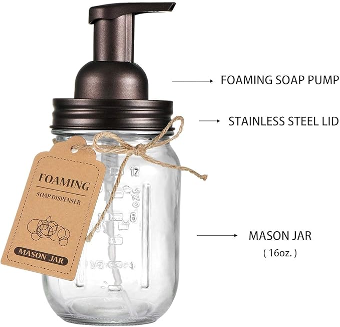 Amolliar Mason Jar Foaming Soap Dispenser, Rustproof Stainless Steel Lid, BPA Free Foam Pump, Waterproof Labels, Rustic Farmhouse Decor Refill Hand Soap Dispenser Bathroom Accessories– Bronze (2 Pack)