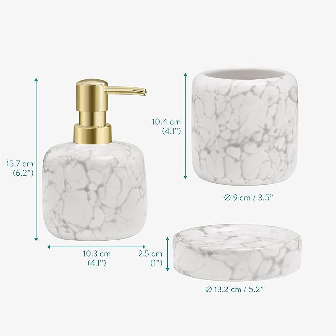 Navaris Ceramic Bathroom Sink Accessories Set - Complete 3pc White Marble Effect Accessory Set - Soap Dispenser, Toothbrush Holder & Tray - Sets for Bathrooms and Kitchen Sinks