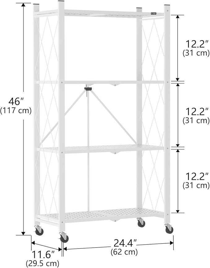 ALANNG Heavy Duty 4-Tier Folding Shelf with Wheels, No Tools Assembly Metal Storage Rack Cart, 264LBS Capacity for Kitchen, Pantry, Laundry Room, Garage, (White, 2PACK)