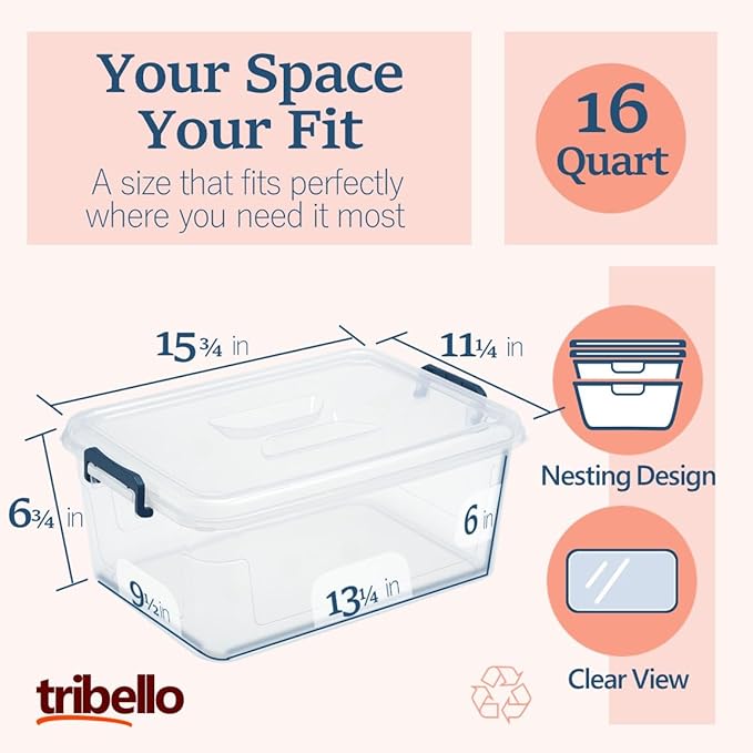 Tribello Clear Storage Bins with Lids, 6-Pack Stackable Plastic Storage Containers for Home Organization – Totes for Closet and Underbed Storage, 16 Quarts