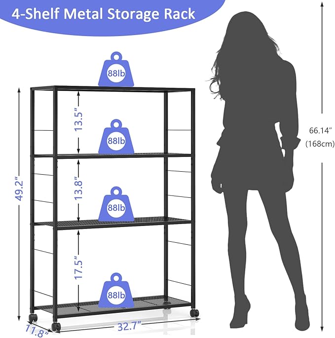 4 Tier Wire Shelving, Rolling Storage Rack with Wheels, Metal Shelving Unit with Adjustable Shelf, Black Shelves for Kitchen, Garage, Pantry & Closet Organizer 32.7" L x 11.8" D x 49.2" H