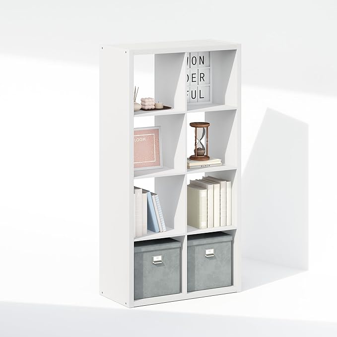 Furinno Simple Cube Storage Organizer, 8-Cube Display Shelf, Open Back Shelving Unit, Storage Shelves, Extra Thick Frame, for Organization and Storage, Living Room, Home Office, White