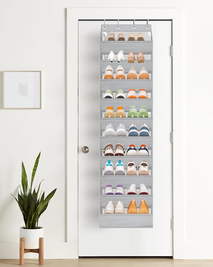 AOODA 10 Tier Clear Over the Door Shoe Organizer Storage, Deep Pockets Large Hanging Shoe Rack for Closet Door, Fit 20 Pairs Shoe Holder Hanger for Boots (Grey)