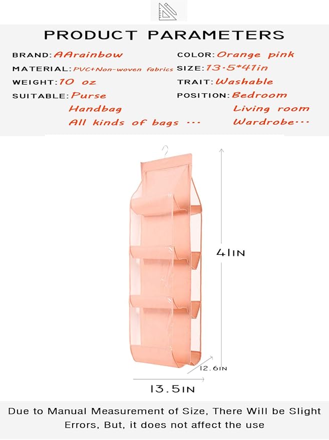 AARAINBOW 1 Pack Hanging Handbag Purse Organizer, Hand Bag Organizer Space Saving, 8 Pockets Wardrobe Organizer, Purse Holder for Closet, 46 L x 13.8W (B-Light Pink)
