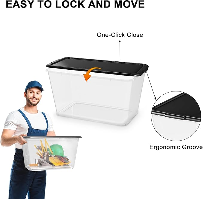 Storage Totes with Lids - Made in USA 14.5-Gallon (58-Quart) 4-Pack Clear Plastic Storage Bins with Black Lids Storage Containers Large Storage Boxes Organizer for Home, Office, and Garage