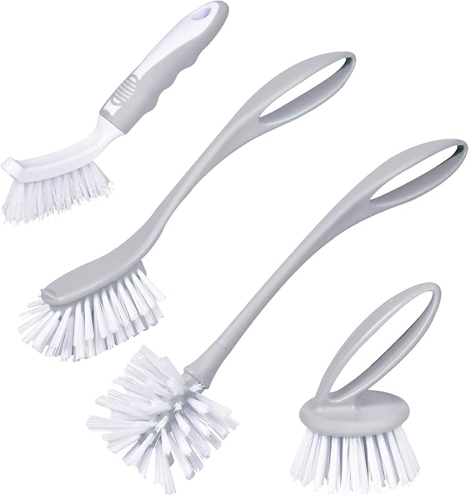 Dish & Bottle Brush Set, 4-Piece Kitchen Cleaning Brushes, Gray, Plastic Handles, Medium Bristles (Nylon or Polyester)