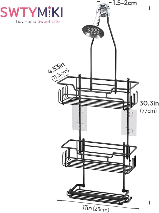 SWTYMIKI Bathroom Shower Caddy Hanging - 3 Tier Rustproof Over Shower Head Organizer, No Drilling Bathroom Shelf with 16 Hooks & Soap Holder, Anti-Swing Rack for Shampoo,Sponge,Towel, Black, Medium