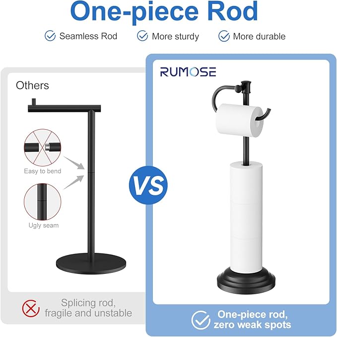 RUMOSE Toilet Paper Holder Stand for Floor, Matte Black Bathroom Free Standing Toilet Tissue Roll Holder with Storage, Adjustable 17-25 Inch, SUS304 Stainless Steel