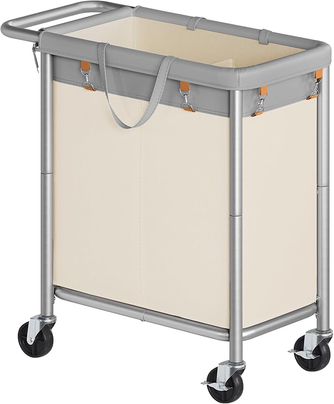 SONGMICS Laundry Basket with Wheels, 2-Section Rolling Laundry Hamper, 37 Gallons (140 L), Removable Liner, Steel Frame with Handle, 27.2 x 15.4 x 31.9 Inches, Dove Gray and Cream White URLS004GD02