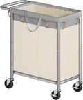 SONGMICS Laundry Basket with Wheels, 2-Section Rolling Laundry Hamper, 37 Gallons (140 L), Removable Liner, Steel Frame with Handle, 27.2 x 15.4 x 31.9 Inches, Dove Gray and Cream White URLS004GD02