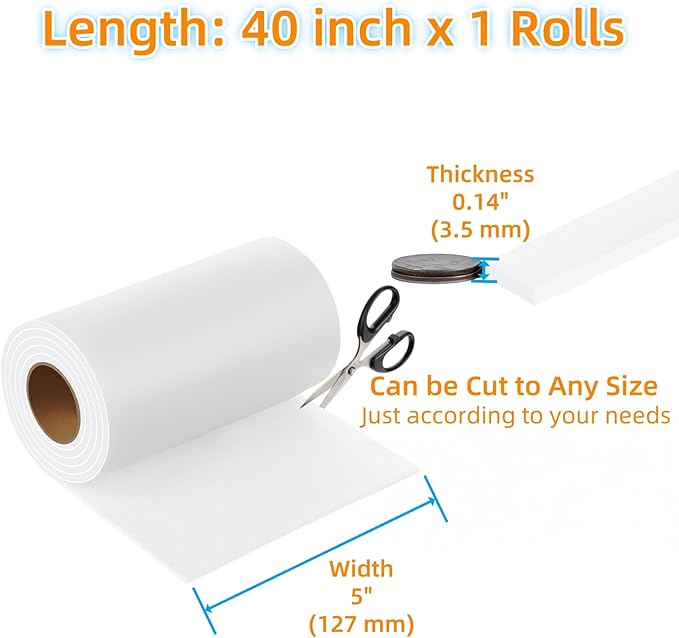 Furnigear Felt Furniture Pads - Heavy Duty Cuttable Strips with Adhesive Backing, Self-Adhesive Felt Strips, Pad, Tape Roll for Chair Legs, Hard Floor and Wall Protection (White, 40 x 5 x 0.14 Inch)