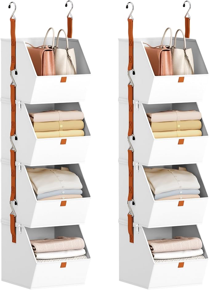 Hanging Closet Organizer 4 Tier - Clothes Hanging Shelves, Space-Saving Closet System, Fabric Storage Bins Bedroom Organization, Collapsible Baskets for Home, Dorm, Rv, White, 8 Pack