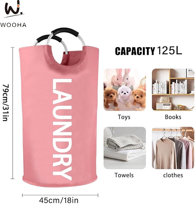WOOHA 125L Large laundry basket,Collapsible laundry hamper, Tall Clothes Baskets Folding Washing Bin Foldable Fabric Hamper Bags for Bedroom, Closet,Bathroom,College,laundry bag,pink