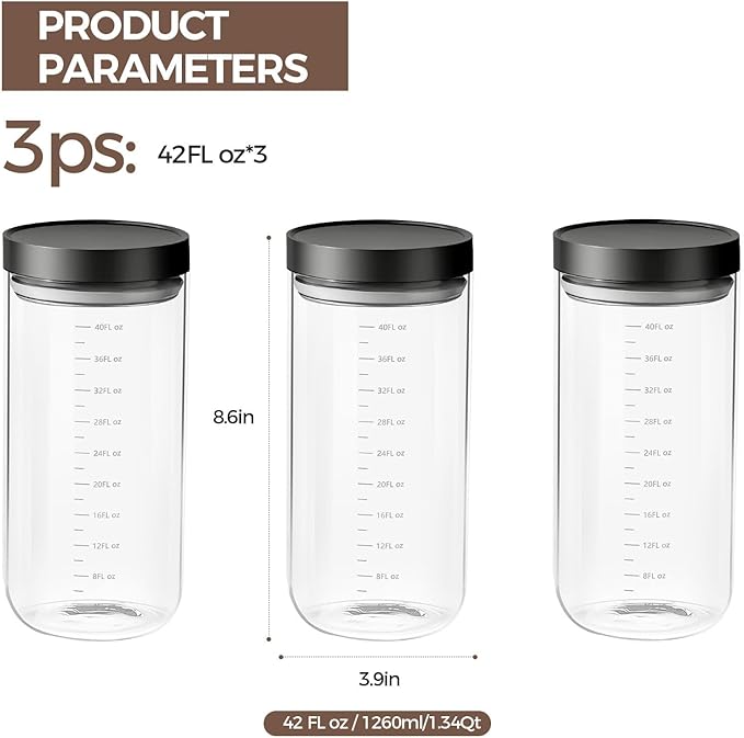 Danbark Set of 3 42oz Airtight Glass Storage Canisters with Lids - Pantry Organizers and Storage Glass for Kitchen - for Pantry, Flour, Sugar, Coffee, Tea, Pasta, Rice, and Snacks - Black