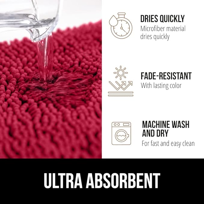 GORILLA GRIP Bath Rug Mat 44x26, Thick Soft Absorbent Chenille, Quick Dry Microfiber Mats, Rubber Backing Washable Shower Floor Rugs, Bathmat Runner, US Designed Bathroom Home Decor Accessories Red