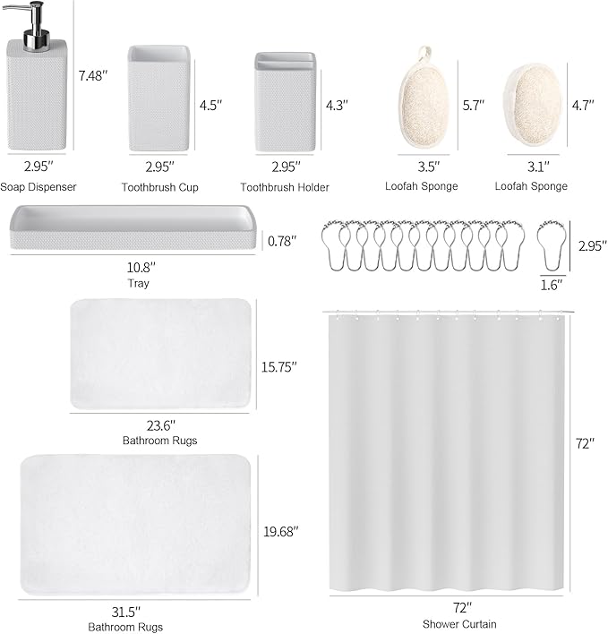 White Bathroom Set, White Bathroom Accessories Sets with Shower Curtain and No-Slip Bath Rugs, Natural Loofah Sponge, Soap Dispenser, Toothbrush Holder, Toothbrush Cup and Tray for Bathroom