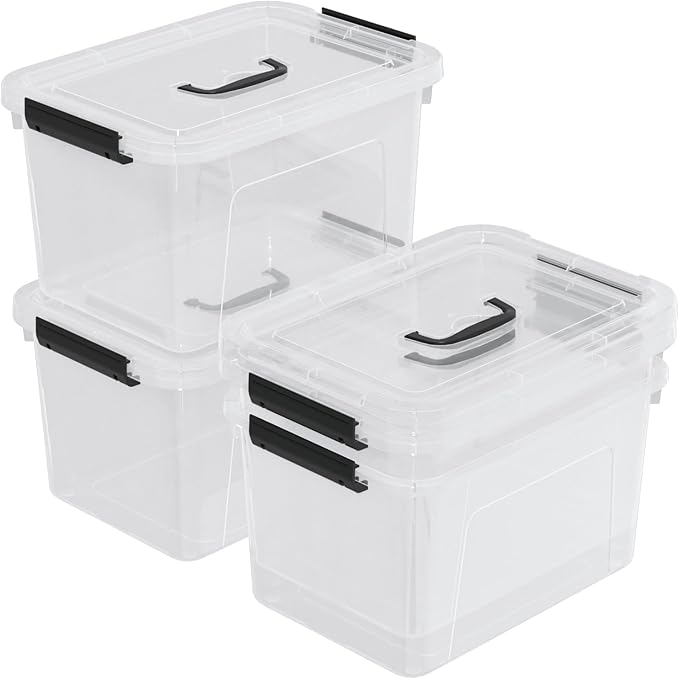 Knifefish 4-Pack Plastic Storage Bins Boxes Containers with Lids, 18 L Clear Latching Box with Handle
