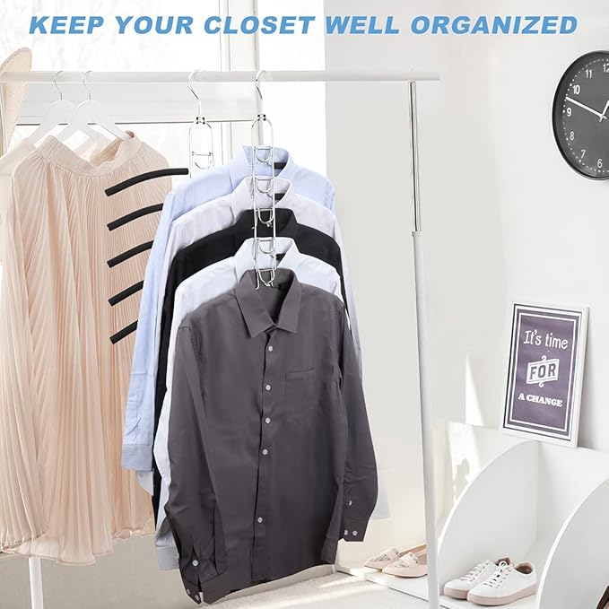 Mastom Space Saving Clothes Hangers, Multilayer Metal Hanger 4 Pack 5 in 1 Space Saver Coat Hangers, Anti-Slip Foam Padded Shirt Suit Hanger for Closet Storage Organizer