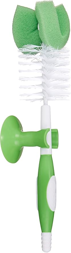 Amazon Brand - Mama Bear Baby Bottle Brush with Nipple Cleaner and Suction Cup Stand, White (Pack of 3)