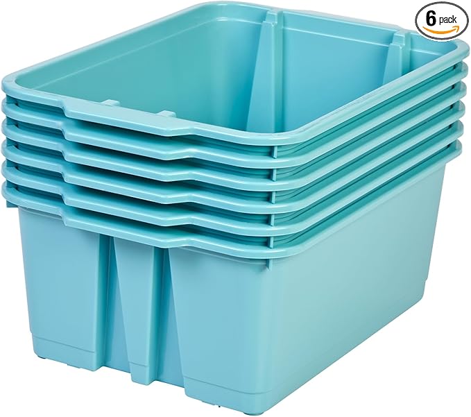 Really Good Stuff Stacking Bins, 14" x 10" x 5 .75" - 6 Pack, Water, Stackable Storage Plastic Bins for Classroom Organization, Home Storage, Office & Hospital Supplies