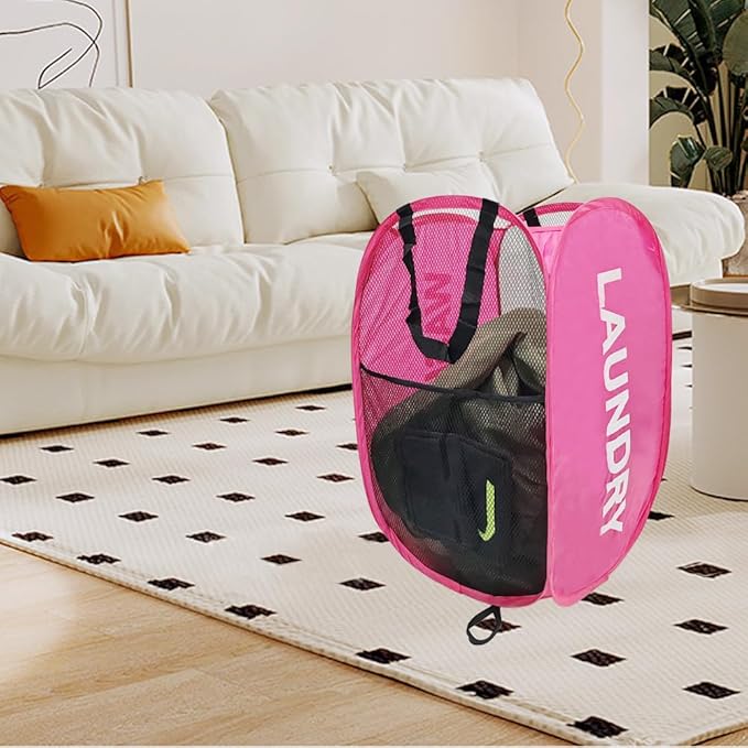 Collapsible Laundry Hamper 2 pack Mesh Pop Up Laundry Hamper with Handles, Foldable Laundry Basket for Bedroom, College Dorm, RV, Travel (Pink + Sky Blue)