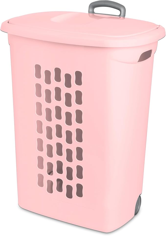 Sterilite 3 Pack Ultra Wheeled Hamper, Plastic Laundry Basket Clothes Bin with Wheels, Flip Top Lid and Retractable Handle, Pink Frost