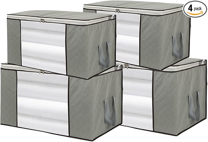 4 Pack Foldable Large Storage Bags 28 x 20 x 12 (L x W x H) inch for Comforter Quilt Blanket Clothes with Clear Window & Handles - Easy to Fit King Size Comforter Set - Closet Under Bed Organizer