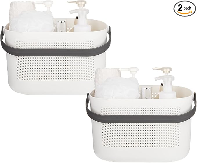 UUJOLY Plastic Storage Baskets with Handles, Shower Caddy Shelf Organizers Basket for Bathroom, Kitchen, Dorm Room, Grey, 2 Pack