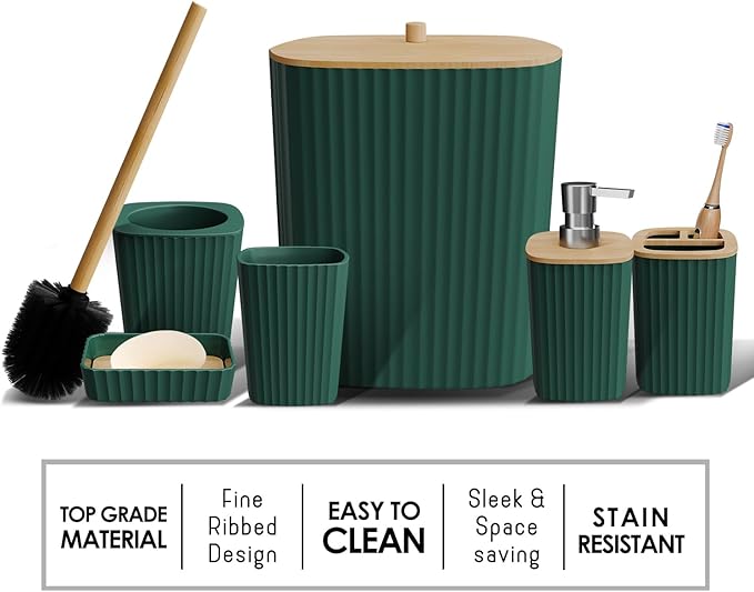 Clara Clark Bathroom Set - Hunter Green Bathroom Accessories Set, 6PC Bathroom Accessory Set, Bathroom Sets with Bathroom Rugs, Toilet Brush, Trash Can & Soap Dispenser