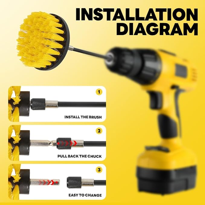 6Pcs Drill Brush Cleaning Kit for Shower & Bathtub - Yellow Power Scrubber Attachments with Extendable Rod, Multi-Surface Brush Set for Bathroom, Kitchen, Car (Yellow-6pcs)