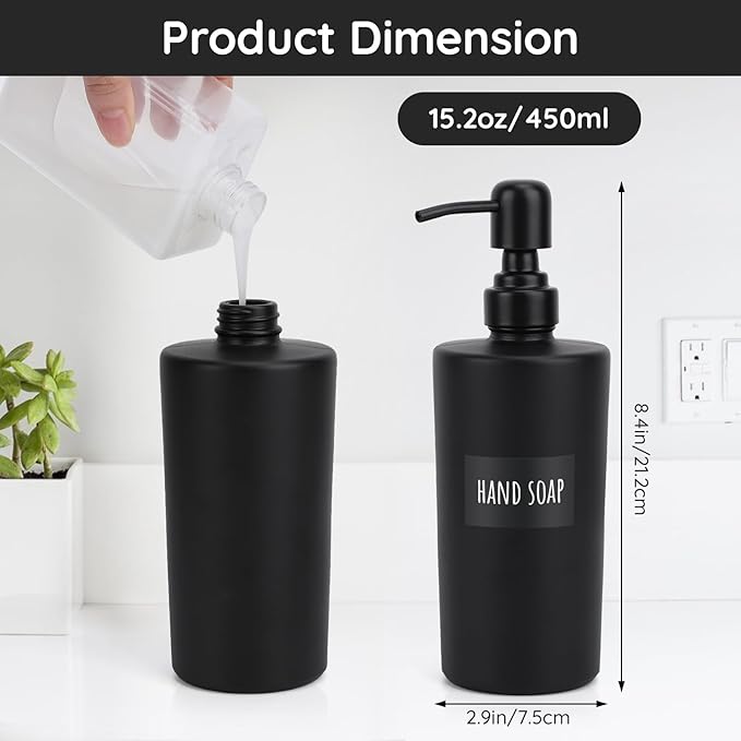 Segbeauty Glass Soap Dispenser Set, 2pcs 15.2oz Refillable Bathroom & Kitchen Dispensers, 450ml Black with Pump & Labels