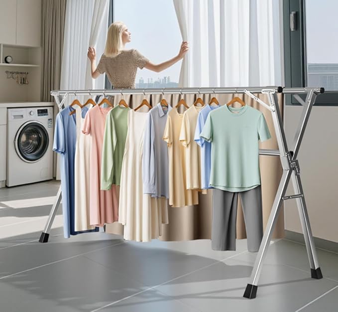 Lrjyxq 95 Inches Heavy - Duty Stainless Steel Folding Clothes Drying Rack Clothing Indoor Outdoor Anti-Rust 20 Windproof Hooks Portable & Foldable Laundry Rack (95'')