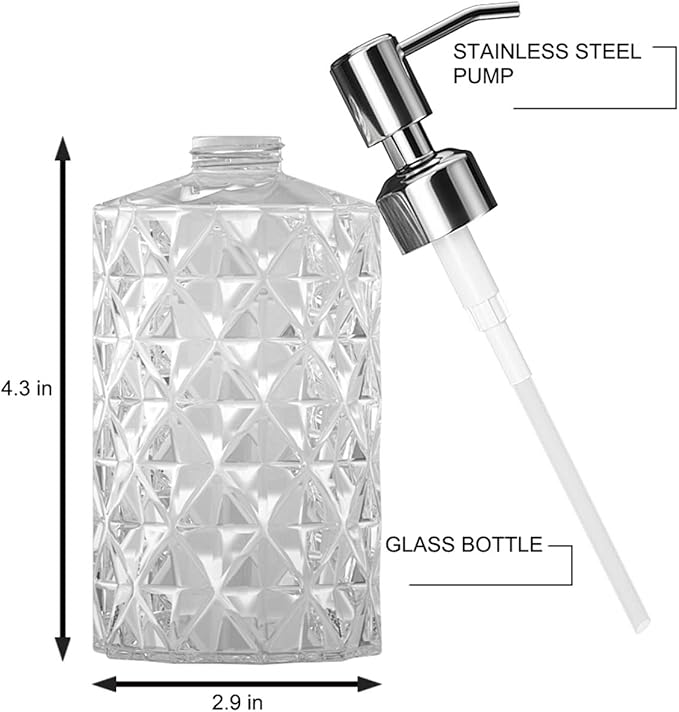 GLADPURE Soap Dispenser - 2 Pack, 12 Oz Clear Diamond Design Glass Refillable Hand Soap Dispensers; with 304 Rust Proof Stainless Steel Pump, Lotion Dispensers for Kitchen, Bathroom