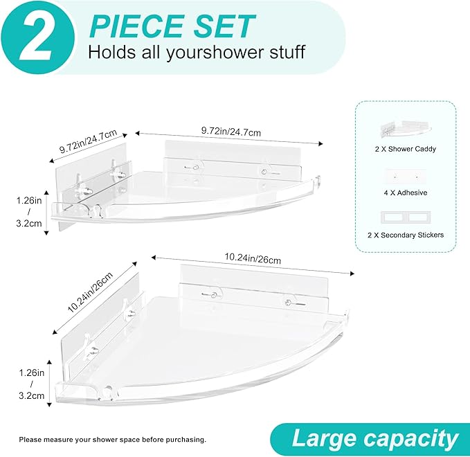 Acrylic Corner Shower Shelves,Adhesive Shower Caddy Organizer for Bathroom Storage Home Decor,Clear, RustProof, No Drilling Bathroom Wall Shelf,2-Pack