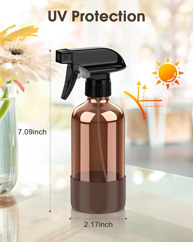 Glass Spray Bottle with Silicone Sleeve Protection, Amber Glass Spray Bottle Set for Window Cleaner Aromatherapy Facial Hydration Watering Flowers Hair Care 2 Pack/8 oz (Black & Brown)