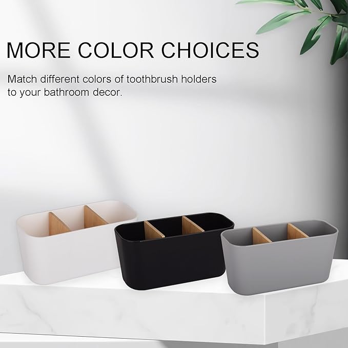 Toothbrush Holders for Bathrooms, Bamboo Tooth Brush Holder with 3 Slots Bathroom Vanity Organizer Countertop for Electric Toothbrushes, Toothpaste, Razors - White