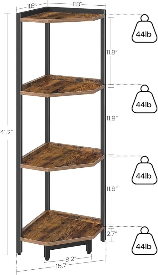 Corner Shelf Stand, Corner Bookshelf, Storage Standing Shelf Unit with Metal Frame, Plant Stand, Bookcase for Living Room, Home Office, Bedroom, 4-Tier Rustic Brown CS05801B