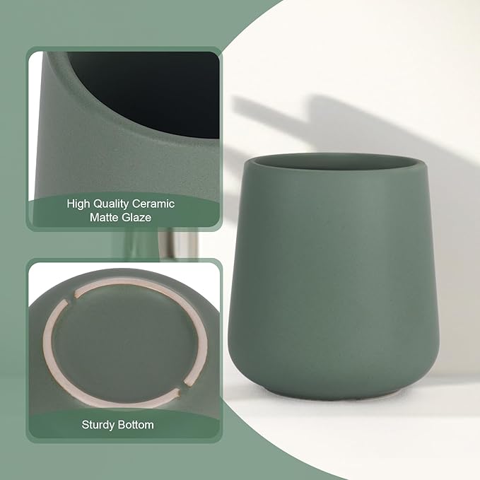INGOFIN Ceramic Toothbrush Holder, 12 oz Bathroom Toothbrush Holder Ceramic Holder for Toothbrush, Toothpaste Holder and Cup, Matte Green