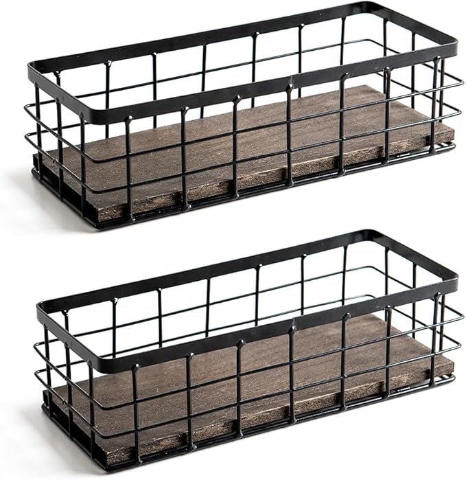 ROSE BLOOM Small Metal Wire Storage Basket, Decorative Wood Base Organizer Bins for Bathroom, Kitchen, Laundry Room, Pantry, Basket for Toilet Paper, Fruits, Spices (2 Pack)