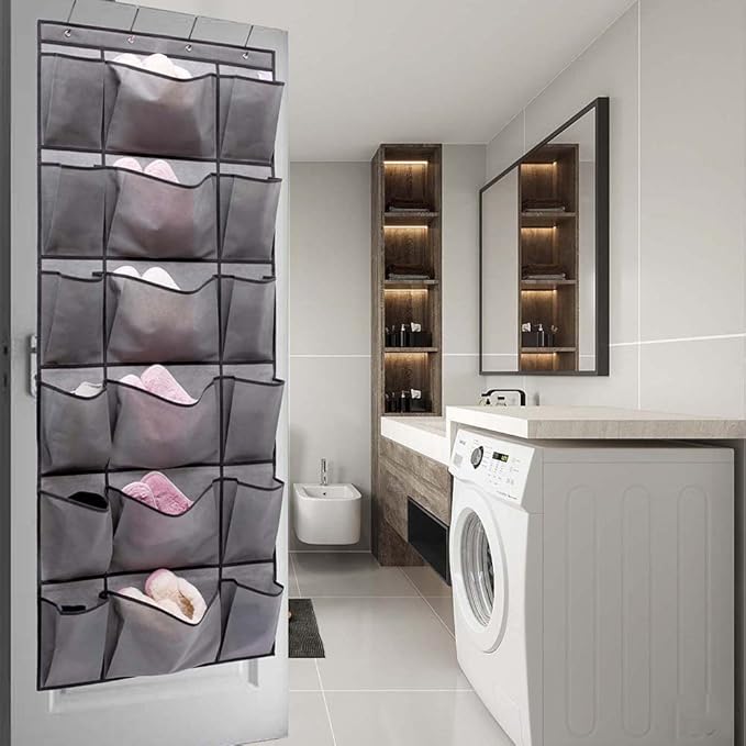 ANIZER Over The Door Hanging Shoe Rack Organizer with 6 Extra Large and 12 Large Fabric Pockets Shoe Holder for Home Storage (GREY)