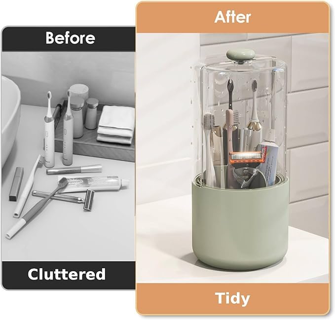 YOOLENS Toothbrush Holder with Cover 360 Rotating 4 Compartments Bathroom Toothpaste Electric Toothbrush Organizer, Light Green