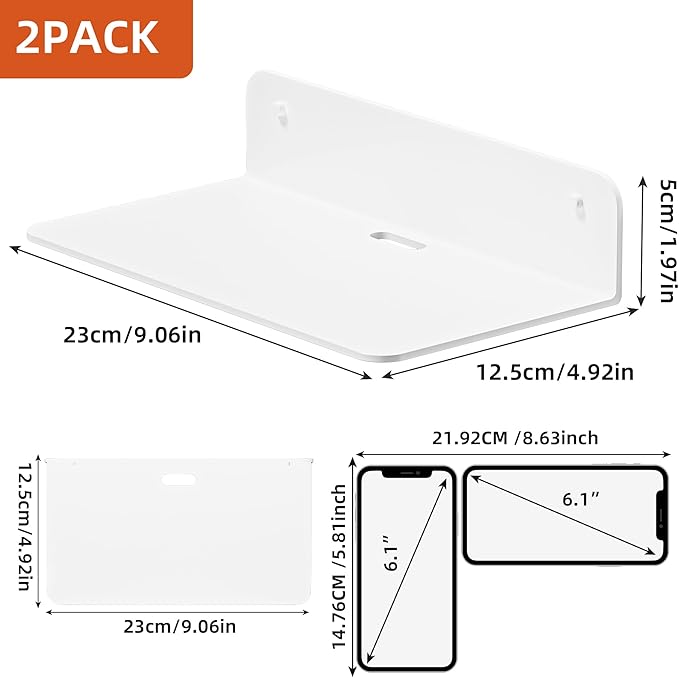 Wisfame Small Floating Shelves, 9" Adhesive Wall Shelf with Cable Hole, No Drilling, Metal Display Ledges for Living Room, Bedroom, Bathroom (White, 2 Pack)