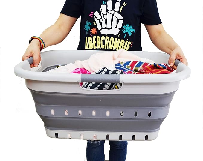SAMMART 41L Collapsible 3 Handled Plastic Laundry Basket - Foldable Pop Up Storage Container/Organizer - Portable Basket - Space Saving Hamper/Basket (3 handled rectangular, Grey/Dark Grey)