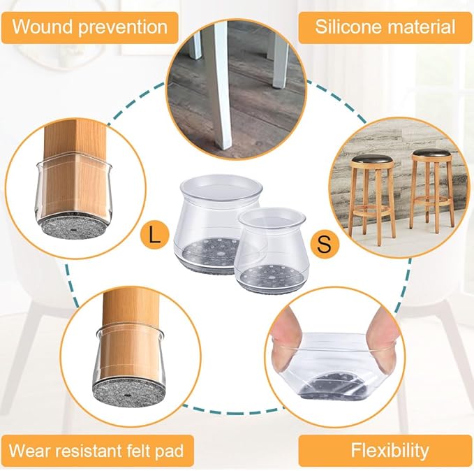16 Pcs Chair Leg Floor Protectors - Silicone Felt Pads, Scratch-Proof & Noise-Free, Easy Smooth Moving, Large Size (Fits Round Chair Legs: 1-5/16" to 2" Diameter)