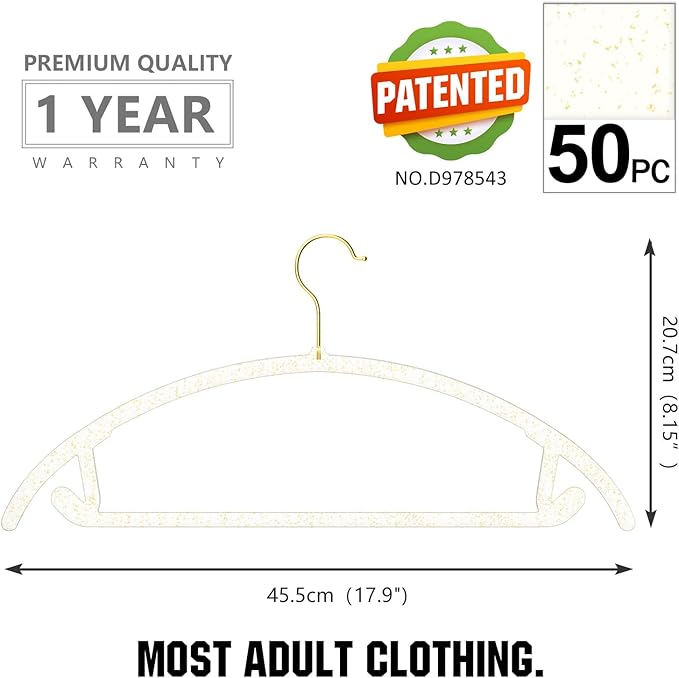 MIZGI Premium Clear Hangers with Gold Glitter (50-Pack) - Heavy-Duty Acrylic Suit Hangers with Gold Hooks - No Shoulder Bump Space Saving Clothes Hangers for Jackets, Coats, Dresses