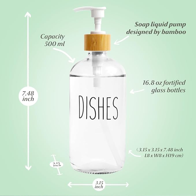 2 Pack Clear Glass Soap Dispenser with Plastic Pump, Transparent Dish and Hand Soap Dispenser Set, Refillable Reusable Apothecary Soap Pump Dispenser Bottles for Bathroom and Kitchen